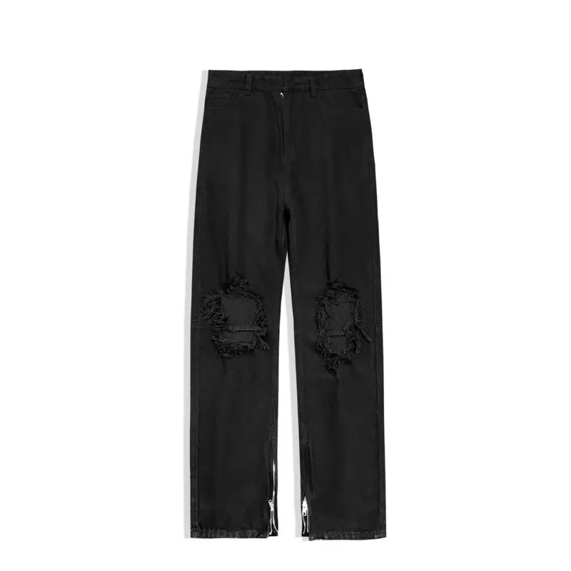 Summer Blue Black Ripped Jeans Men Fashion Casual Straight Jeans Men Streetwear Loose Hip Hop Hole Denim Pants Mens Trousers