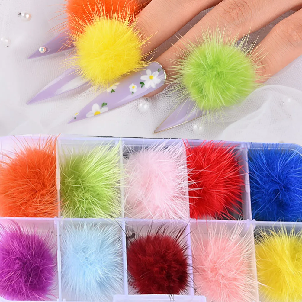 

10 шт./коробка, меховые пушистые шарики для украшения ногтей