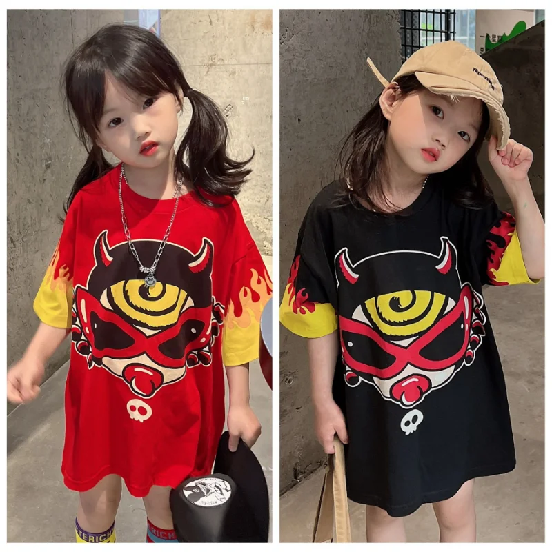 

Summer New Girls Cartoon Print T-shirt Fashion Tops Children's Trendy Cool Cotton Crewneck Shirts