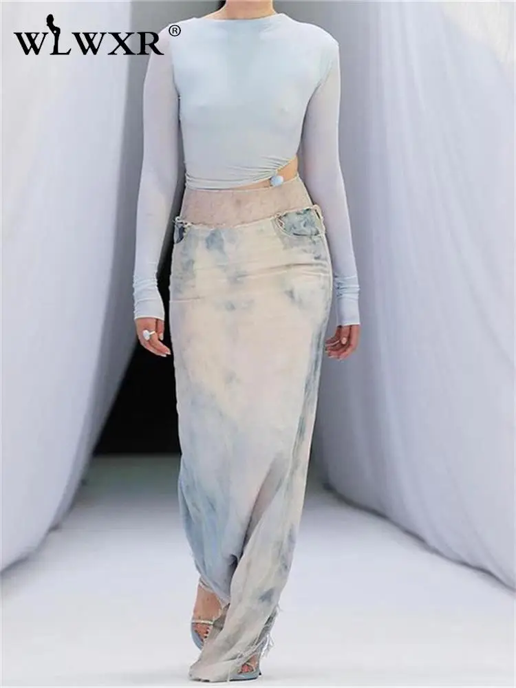 

WLWXR Autumn Blue Tie Dye Skirt Casual Outfit For Women 2022 High Waist Bodycon Long Skirt Female Fashion Skilly Long Skirts