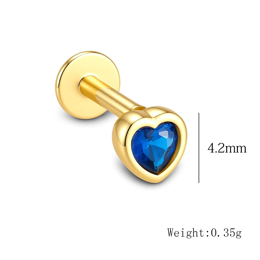 Фото Серьга-гвоздик из стерлингового серебра 925 пробы с позолотой 14K, в форме сердца, с синим фианитом, плоская, для пирсинга хряща №2