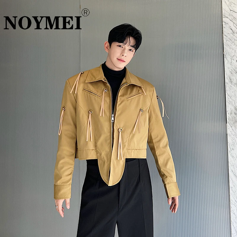 

NOYMEI Fashion Korean Style Autumn Irregular Placket Tassel Men's Short Jacket Khaki Niche Design Casual Male Coat WA2550