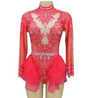 red ruffle bodysuit women rhinestone stretch nightclub prom bar concert costume dance leotard stage wear dancer singer show