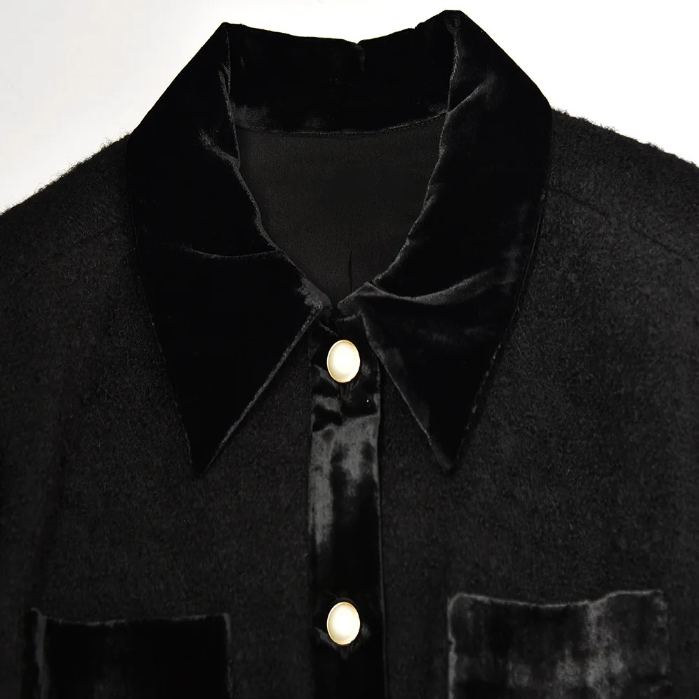 

Women's Turn Down Collar Mini Dress Velvet Trim Tweed Ladies Single-Breasted Short Robes Double Pockets 2021 Fall and Winter