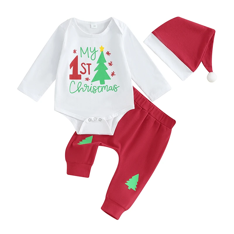 

Bmnmsl Infant Baby Christmas Clothes Letter Print Long Sleeve Round Neck Romper Tree Pattern Pants Hat