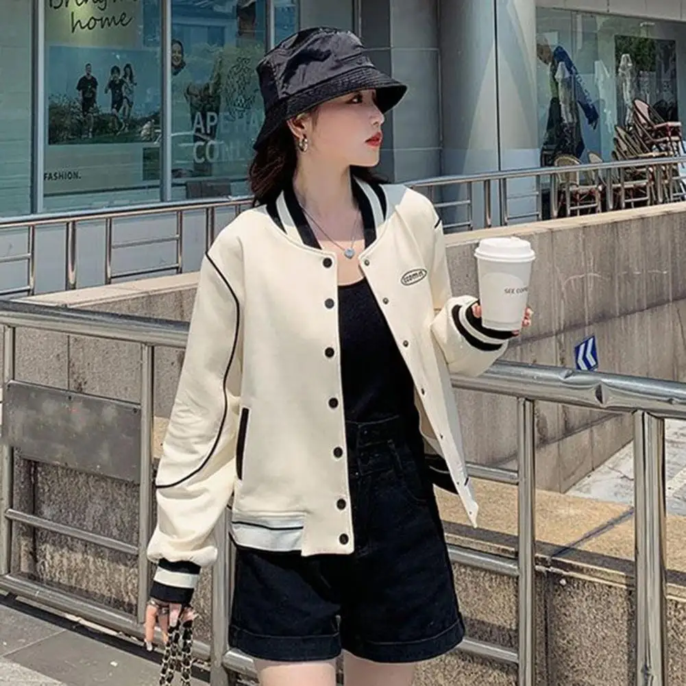 

Soft Jacket Stylish Women's Stand Collar Baseball Coat with Pockets Hip Hop Streetwear Fashion for Long Sleeve Elastic Cuff