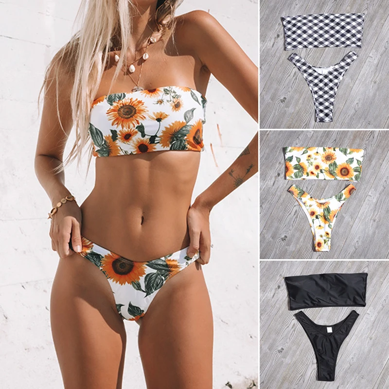 

Модный женский купальник с принтом, сексуальный комплект бикини-бандо, Быстросохнущий женский купальник, Летний Пляжный Купальник для басс...