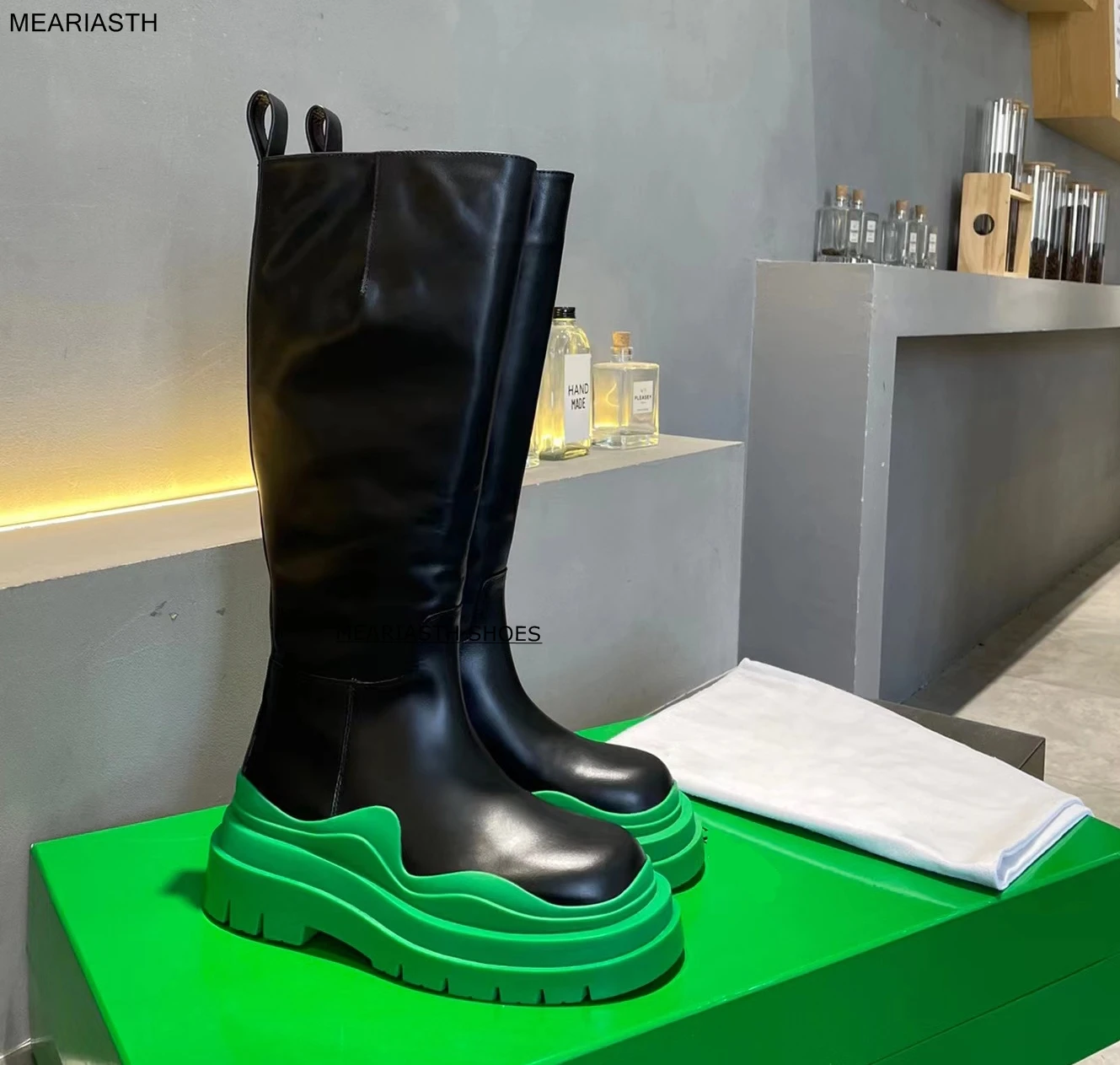 

meariasth INS HOT 2023 New Genuine Leather Boots Women Winter Straight flat boots Ladies Knee High Boots Fashion Platform Shoes