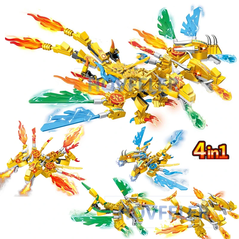 

4 IN 1 Flying Gold Dragon Knight Model Building Blocks Kids Toys Bricks Gift for Children Boys