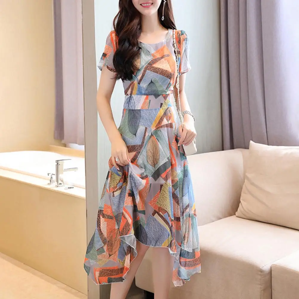 

Women Dress Round Neck Short Sleeve Summer Long Dress Elegant Irregular Hem Vacation Dress Slim Fit High Waist Casual Dress