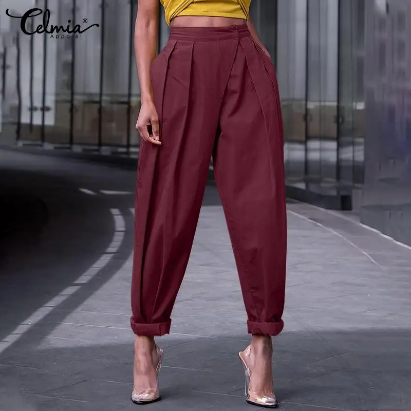 

Celmia Fashion High Waist Pleated Long Trousers Women Baggy Harem Pants Casual Loose 2023 Summer Solid Color Pockets Pantalons