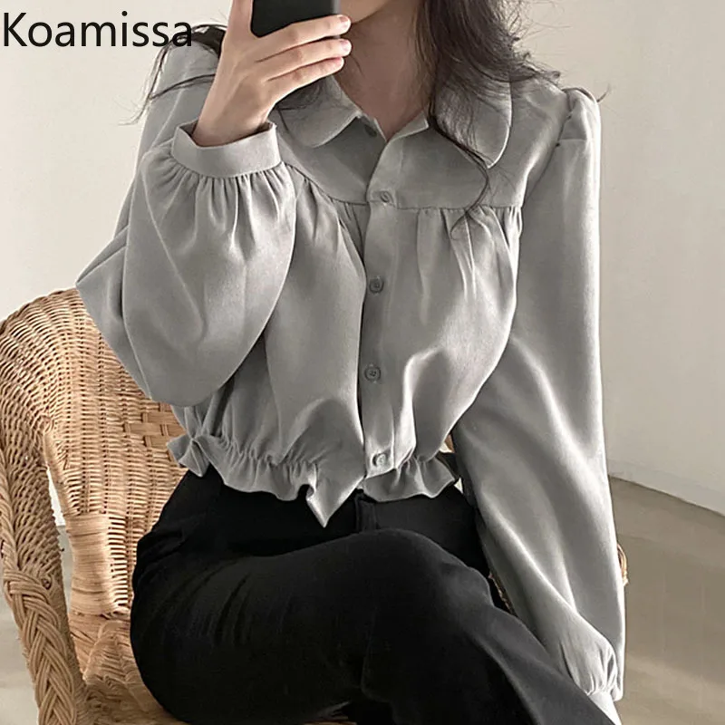 

Koamissa Retro Women Korean Blouse Fashion Office Lady Cropped Single Breasted Shirt Long Sleeves Turn Down Collar Tops 2022