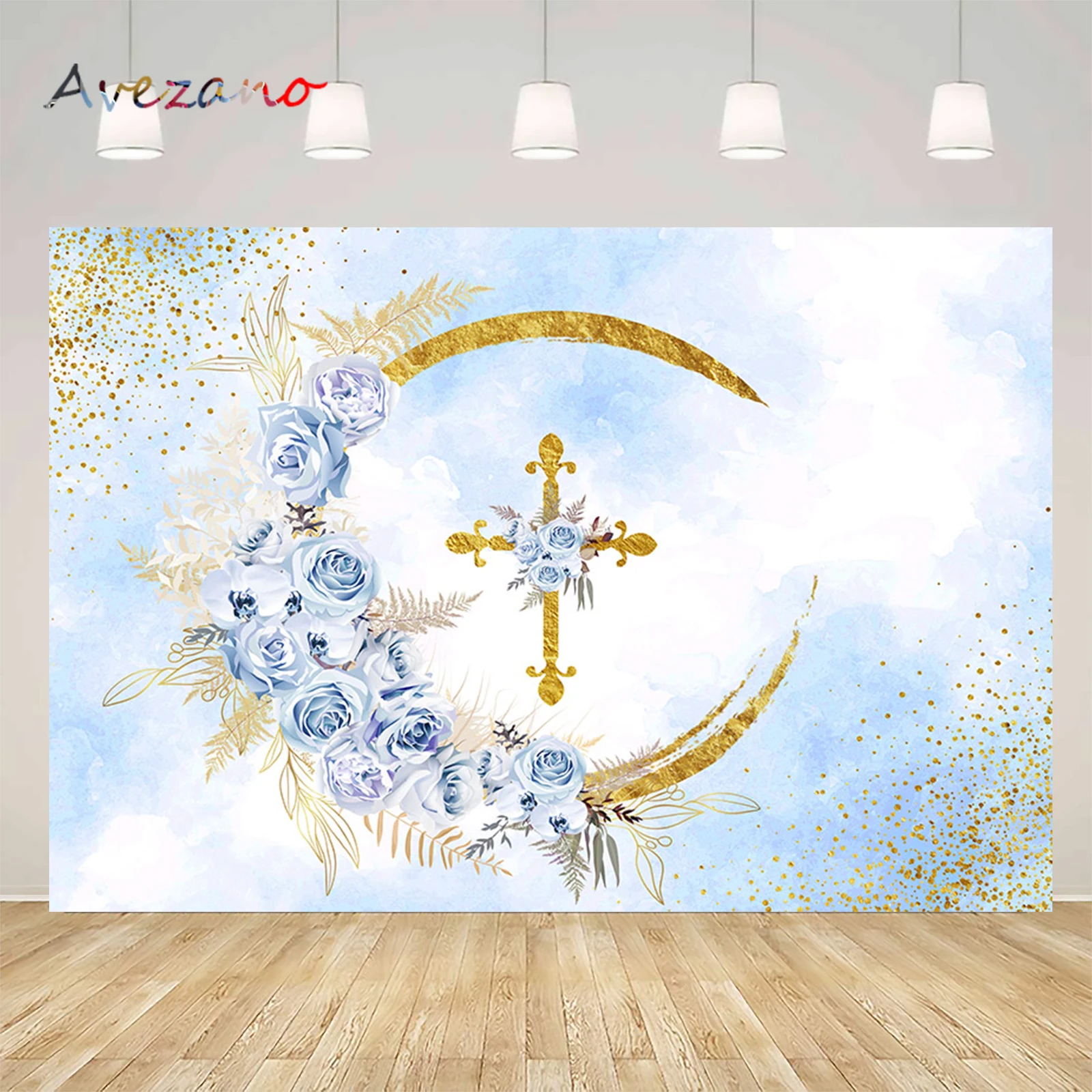 Baptism Photography Background Flower Gold Cross Glitter Dot Backdrop Boy Girl First Holy Communion Christening Party Decoration