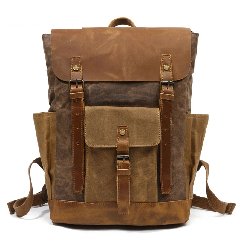 Retro contrast color oil wax canvas waterproof travel backpack large capacity men's mountaineering backpack computer backpack