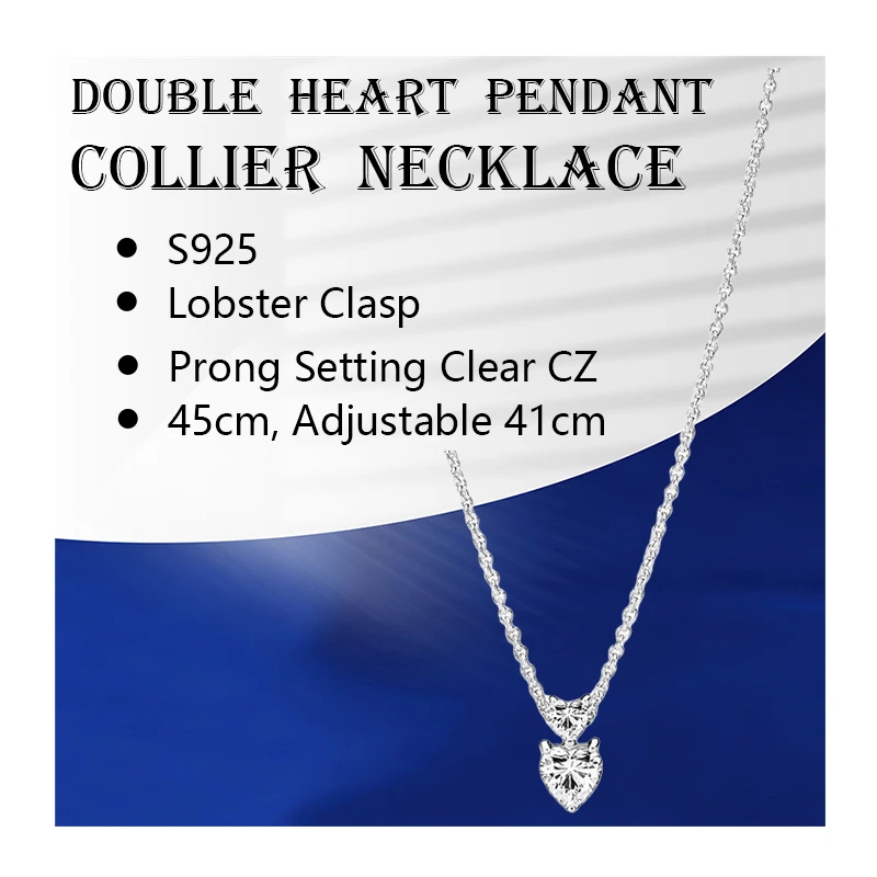 

Double Hearts Stones Pendants Chokers Necklaces For Women Jewelry 925 Sterling Silver Link Chain 45cm Adjust Rings Lobster Clasp