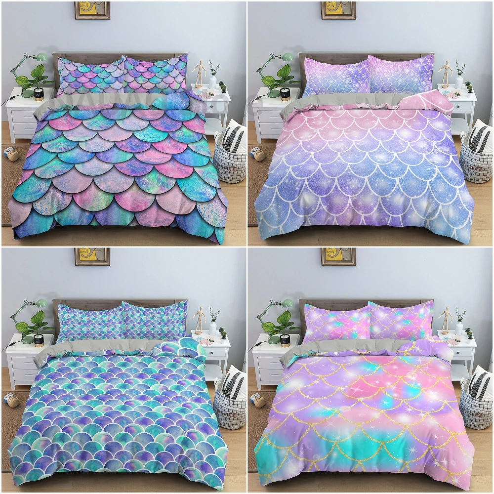 

2/3Pcs Fish Scales Girls Kids Bedding Set Colorful Mermaid Duvet Cover Set Comforter Bedding Quilt Cover with Pillowcase