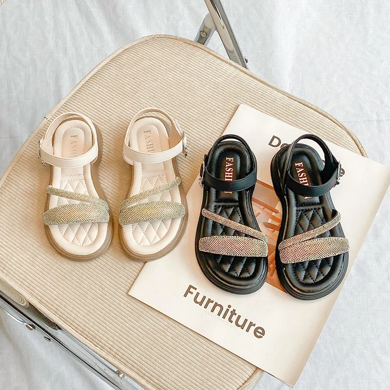 

Girls Rhinestones Sandals Simple Open-toe Non-slip Kids Princess Shoes for Party Wedding Fashion Children Mary Jane Shoes Sweet