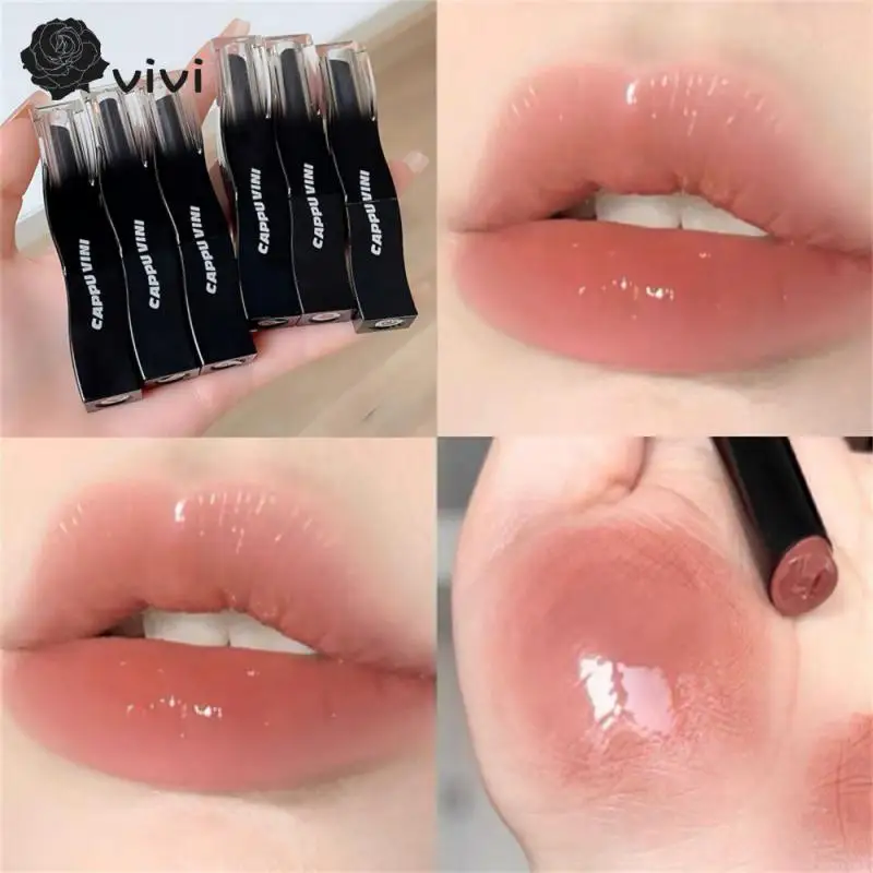 Cappuvini  Red Lip Tint Black Tube Lipstick Light Watery Lip Glaze Soft Mist Lip Gloss Moisture Lipstick 1pcs Mirror Watery