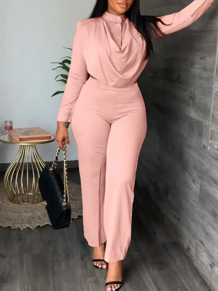 

2023 New Autumn Women's Outfits Sexy Off Waist Long Sleeve Shirt & Trousers Two Piece Set Office Lady Fashion Elegant Solid Suit