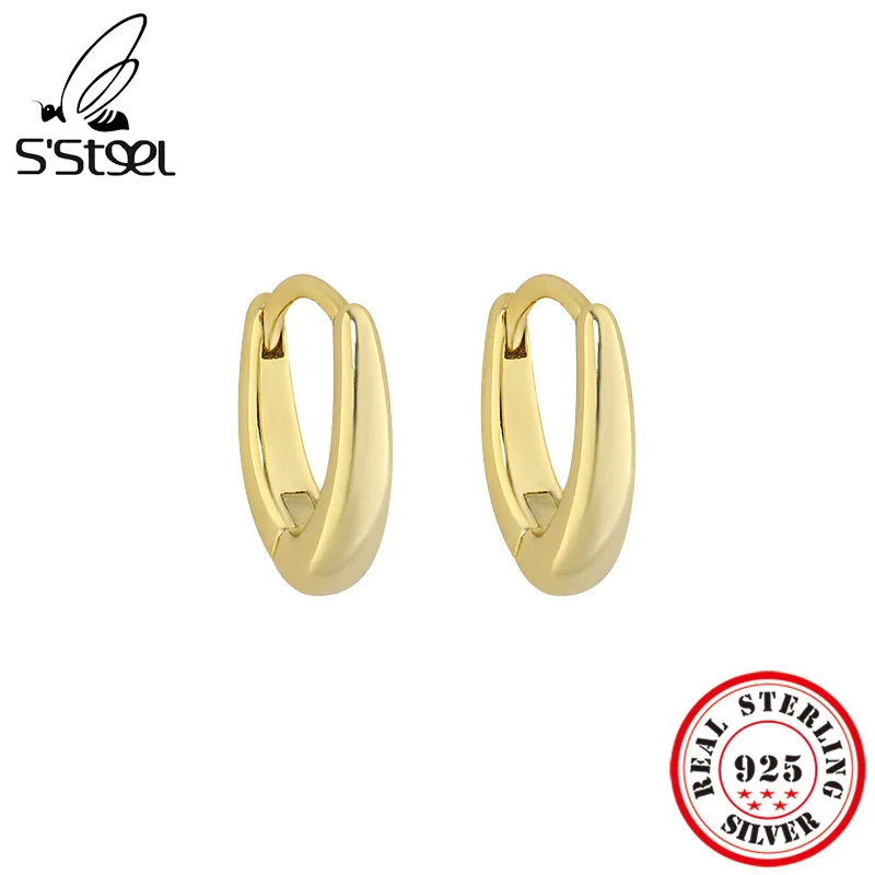 

S'STEEL Korean Geometric Elliptical 925 Sterling Silver Gold Hoop Earrings For Women Cute Trending Huggie Earings Luxury Jewelry