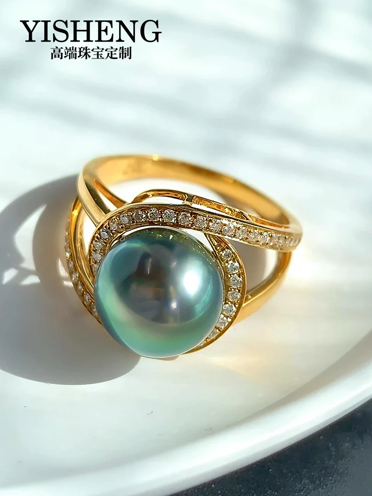 

Tahiti Peacock Green Ring 18K Gold Diamond Inlaid with Natural Seawater Pearl Ring Round and Simple Fashion Style