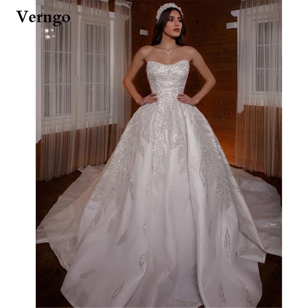 

Verngo Luxury Sequin Lace Cathedral Train Long Wedding Dresses Dubai Women Sweetheart 1.5 Tail Bridal Dress Royal Mariage Women