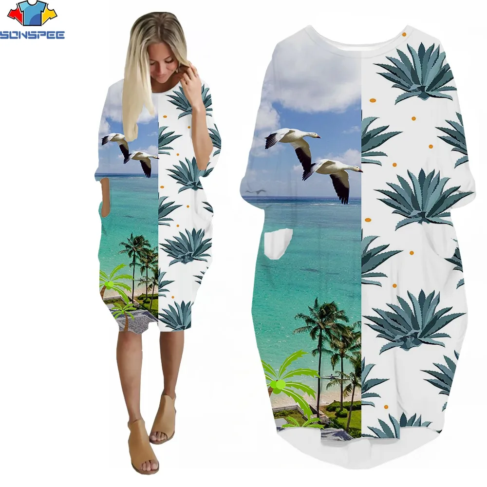 

SONSPEE Miss Casual Long Sleeve Pocket Skirt Beach Ethnic Polyester Hawaiian Printing рубашка 2022 New Woman Palm Tree Dress
