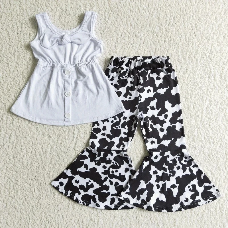 

Wholesale Baby Girls Fashion Outfits Kids Clothes Summer White Tunic Button Cow Bell Bottom Pants Boutique Toddler Clothing Sets
