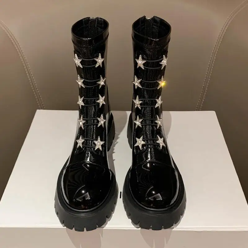 Woman Winter 2022 Patent Leather Bling Bling Shoes In Rhinestones Stars Flats Short Boots Women Black Stockings Platform Botte