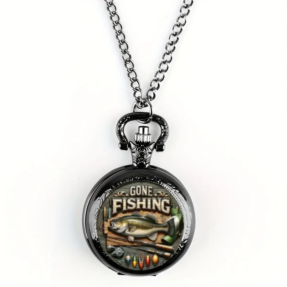 Фото Уникальные винтажные кварцевые карманные часы с узором Gone Fishing и подвесной цепочкой — функция мирового времени, отличный подарок для мужчин и подростков №5