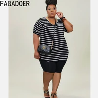 fagadoer casual v neck stripe print tracksuits women tshirt jogger shorts two piece set female fashion strwwtwear xl 5xl 2022