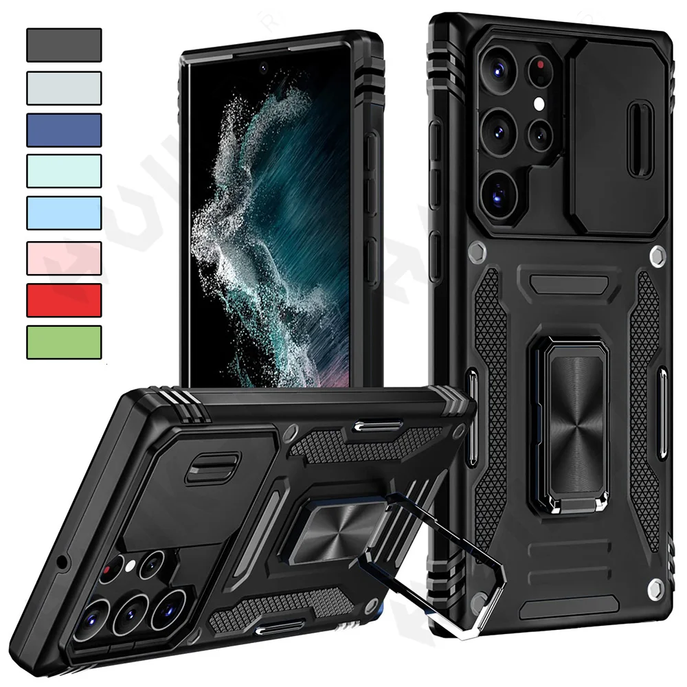

Case For Samsung S22 S21 S20 S10 FE Ultra Plus A53 A33 A13 A52S A52 A73 5G Ring Stand Armor Slide Camera Kickstand Cover