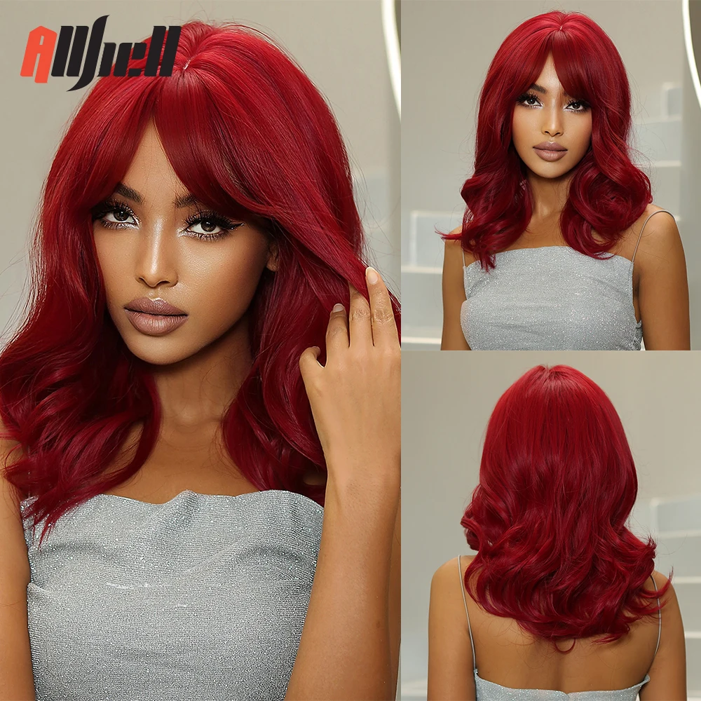 

Medium Length Burgundy Red Synthetic Wigs Natural Wavy Hair Wigs with Bang Party for Women Afro Cosplay Fake Hair Heat Resistant