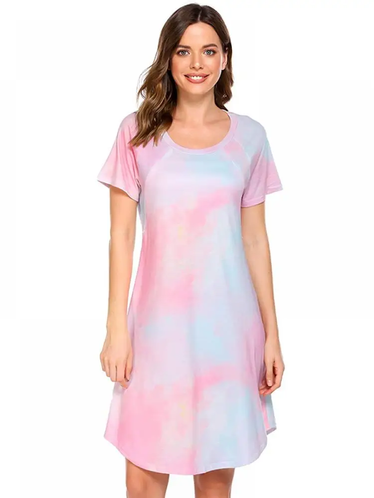 

Women's Maternity Tie-dyed Dress Sleep Nightshirt O-neck Short Sleeve Nightdress Breastfeeding Sleepwear VBXDS1
