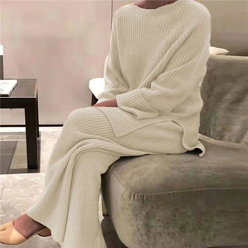 

Women Homewear Pajamas Sets Long Sleeve Sweater+Pants Knitted Pullover Top Straight Pants Casual Autumn Warm Loungewear Loose