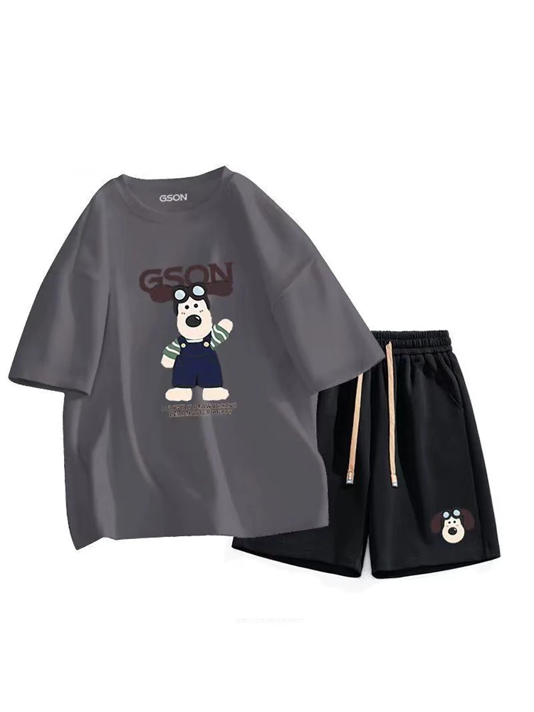 2023 New Men Women 100% Cotton Summer Suit Short Sleeve American Style Printing Master Dog T-Shirt Oversized Leisure Shorts Tee