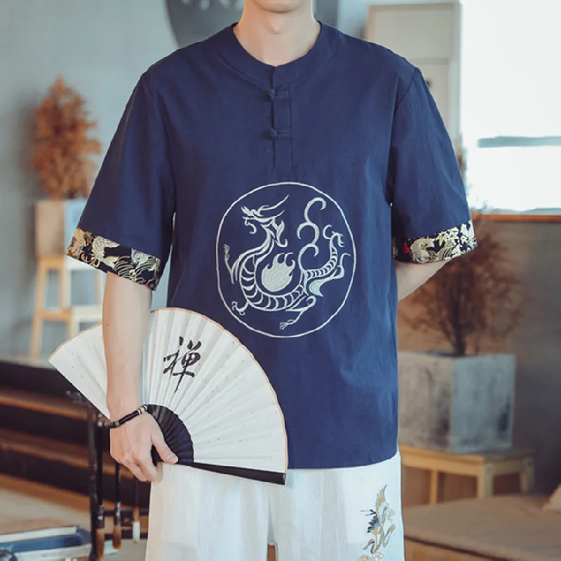 

2022 Summer New Men's Embroidered Hanfu T-Shirt Coat Chinese Style Tang Suit Kung Fu Uniform Fashion Casual Top Plus Size