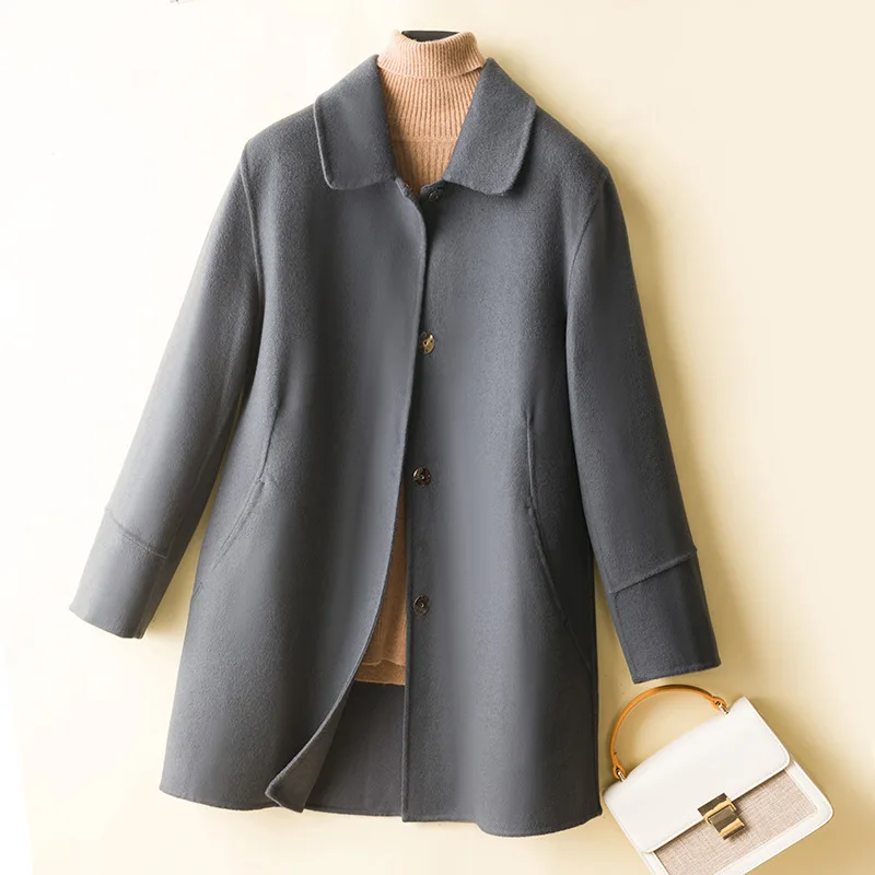 

Женское двустороннее кашемировое пальто средней длины, облегающее маленькое пальто из чистой шерсти с кукольным воротником, Осень-зима 2023