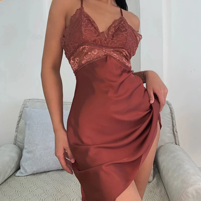 Женская атласная пижама Сексуальная кружевная тонкая ночная рубашка