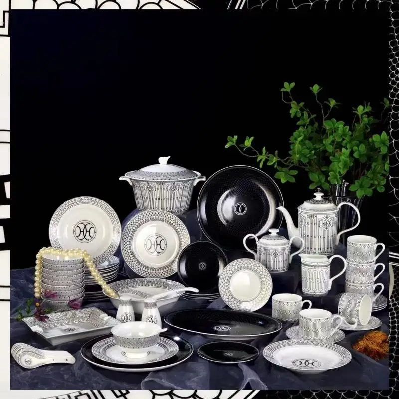 

Black line bone tableware set 58 head ceramic European luxury 69 head Chinese and western 10 bowl household plate