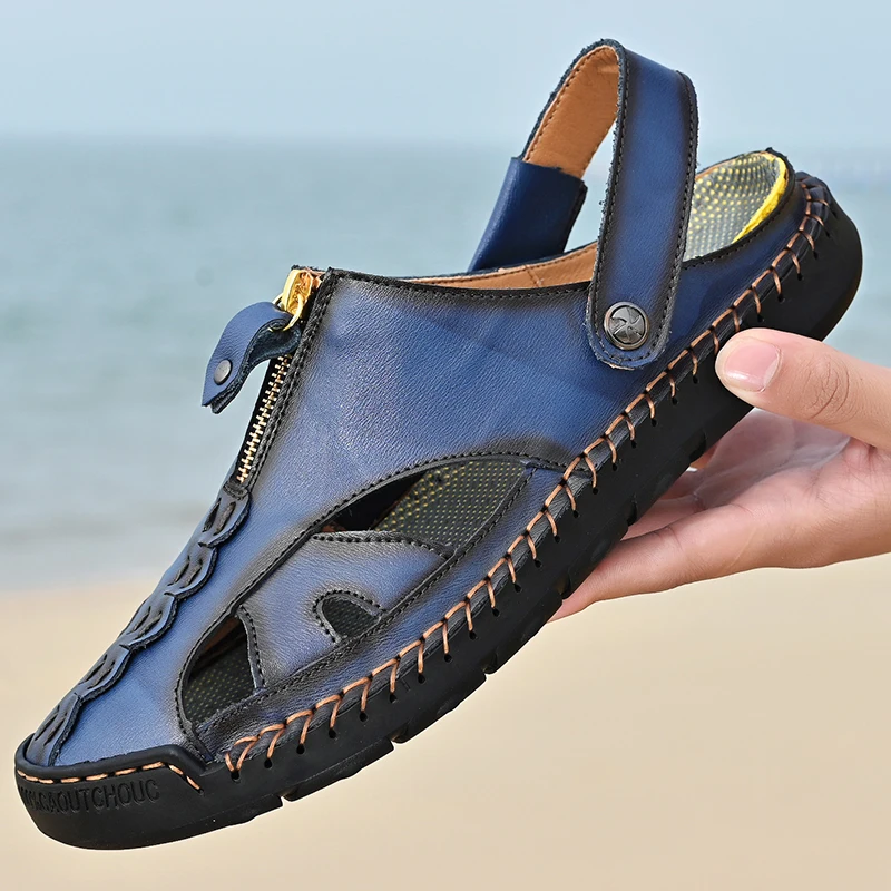

CYYTL Plus Size Men Sandals Summer Soft Leather Zipper Designer Roman Flat Slippers Beach Closed Toe Handmade Slide Male Shoes