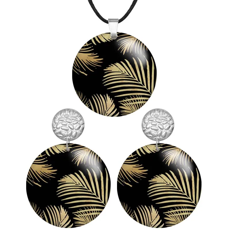 

Golden Leaves Art Image Round Wooden Pendant Necklaces & Earrings For Women Stainless steel Piercing Jewelry Sets S0551