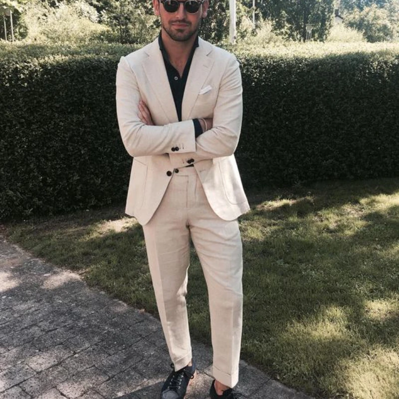 

Летний Свадебный костюм из льна для мужчин, облегающий смокинг для жениха для лучшего мужчины, вечерний блейзер для выпускного вечера, костюм из 2 предметов, жакет с брюками 2023