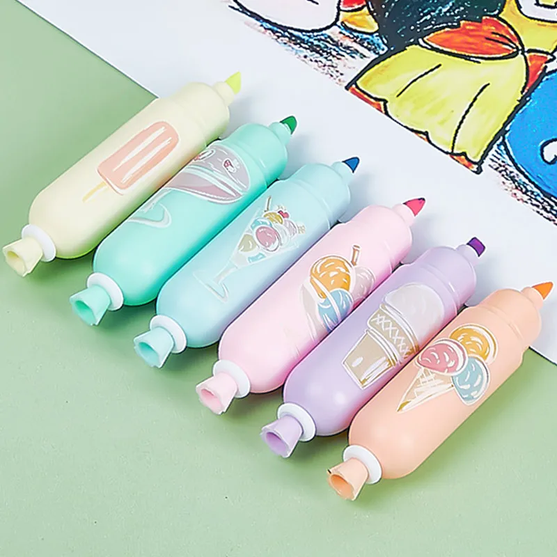 6Pcs /Set Sausage Shape Highlighter Children's Cute Cartoon Highlighter Student Marker Pen Mini Hand Account Pen Art Supplies