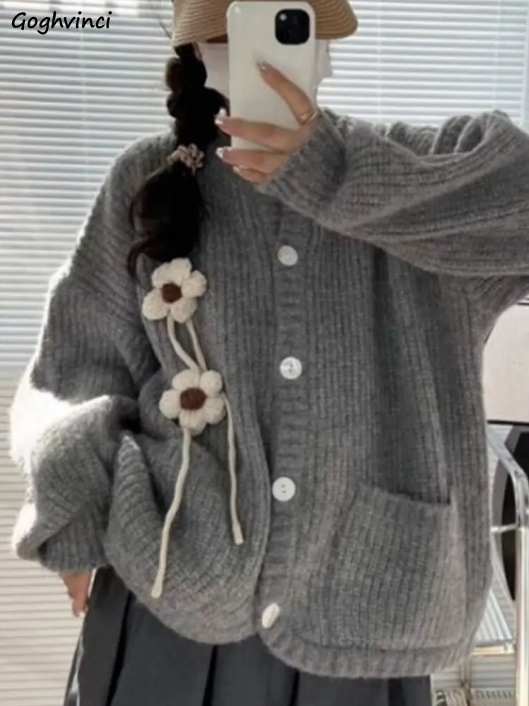 

Knitted Cardigans Women Soft Basic Simple O-neck Floral Decoration Knitwear Vintage Lovely Lady All-match New Autumn Sweaters