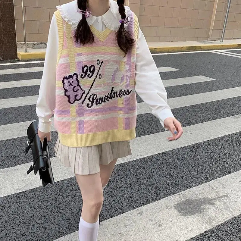 

Милые корейские топы, женский модный японский свитер, жилет, женский жилет в стиле преппи с V-образным вырезом, безрукавка, джемпер, женская одежда