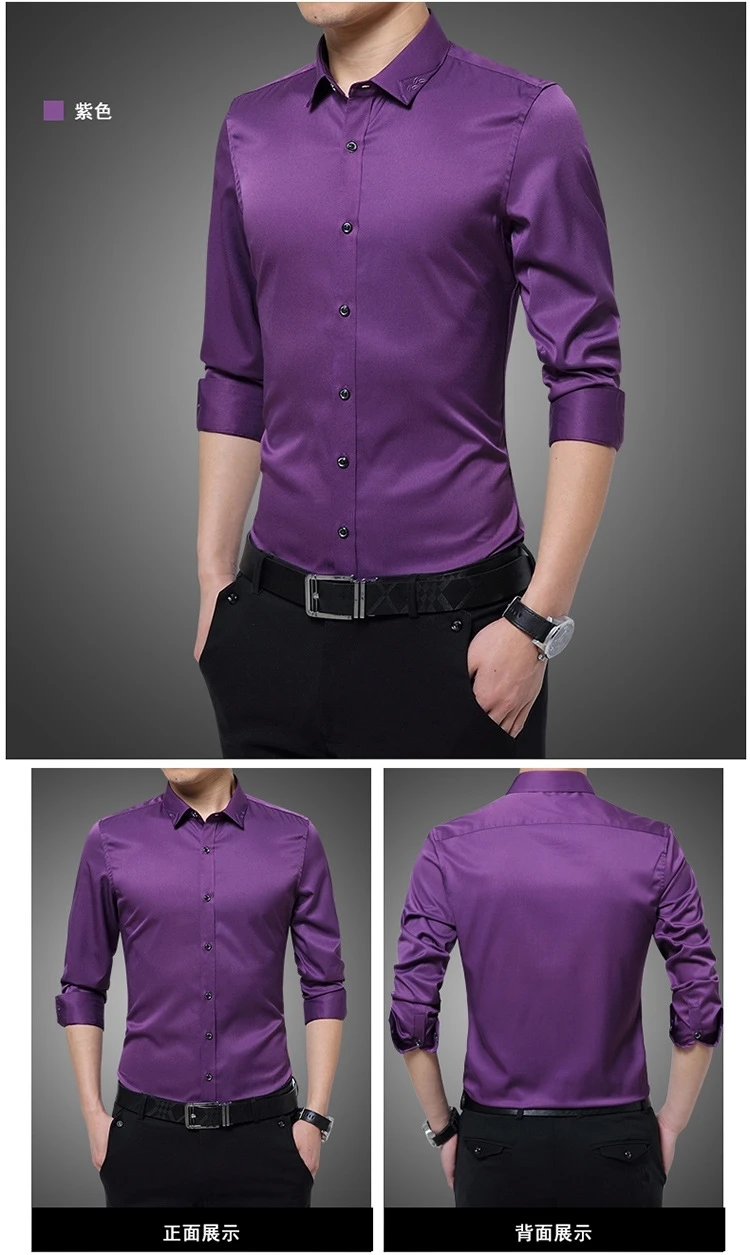 Mattswag Mens Purple Luxury Business Shirts Spring Autumn Breathable Solid Color Tops Casual Slim Fit Fashion Camisa Hombre 5XL