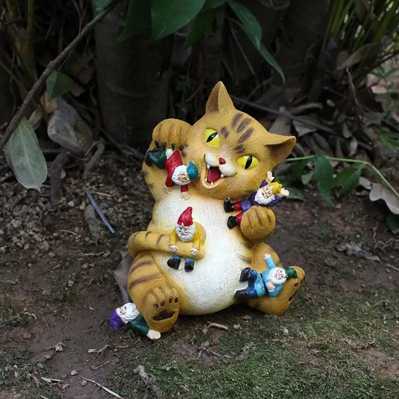 "Cat Garden Gnome Statues Cat Eating Gnomes Art Decoration Cat Statue