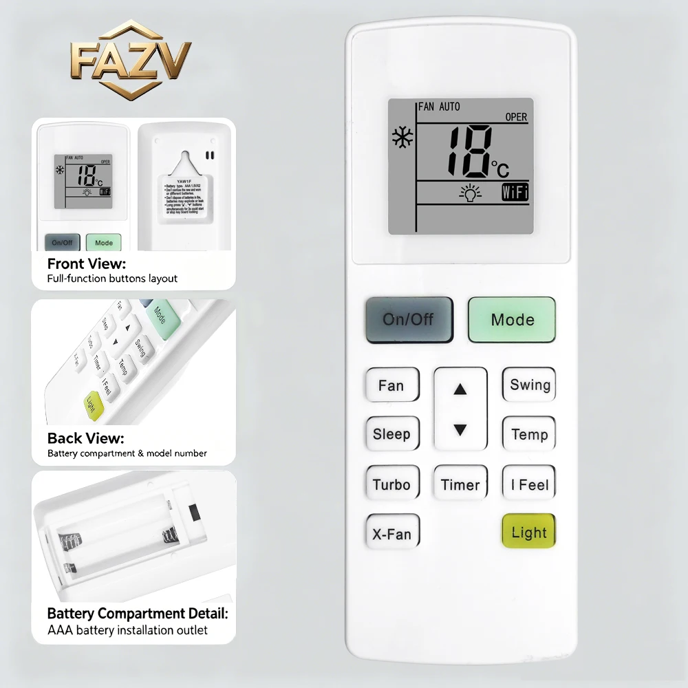 Фото Пульт дистанционного управления FAZV YAW1F с кнопкой Wi-Fi для кондиционеров GREE Montana Daitsu Hiyasu Sinclair Royal Clima, заменяет YAW1F1/YAW1F4/YAW1F9. ℉ / ℃   Свитч №1