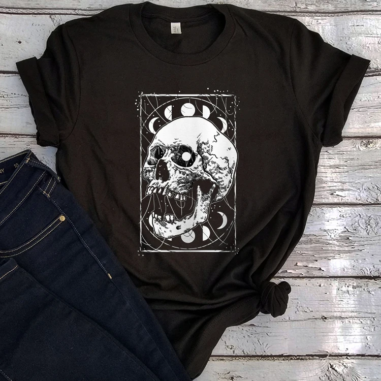 

Gothic Skull Shirt Alternative Clothing P Fashion Woman Tshirts Moon Phases T-shirt Pastel Goth Graphic Tee Oversized T